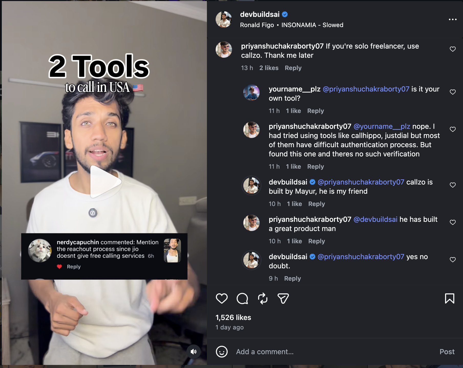 Instagram comment thread showing freelancers recommending Callzo organically