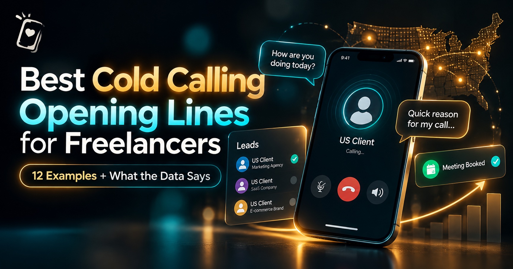 A freelancer rehearsing a cold calling opening line before dialing a US business