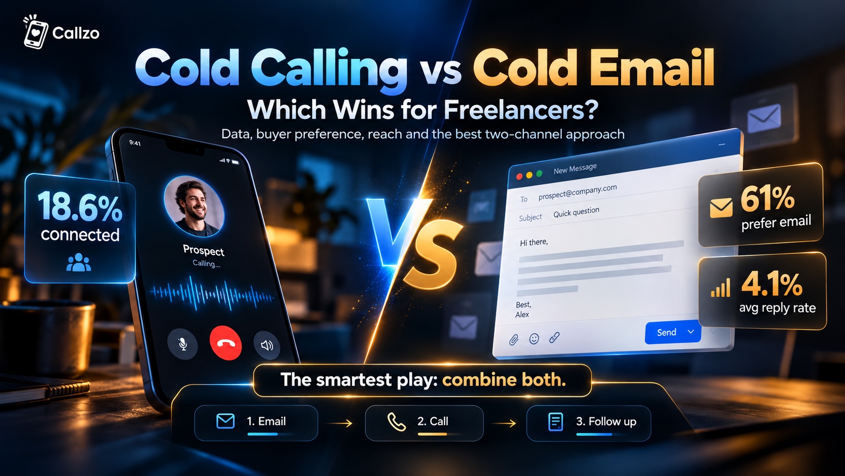 Illustration comparing a phone call screen against an email compose window, joined by VS, above a banner reading the smartest play is to combine both with an email, call, follow up sequence