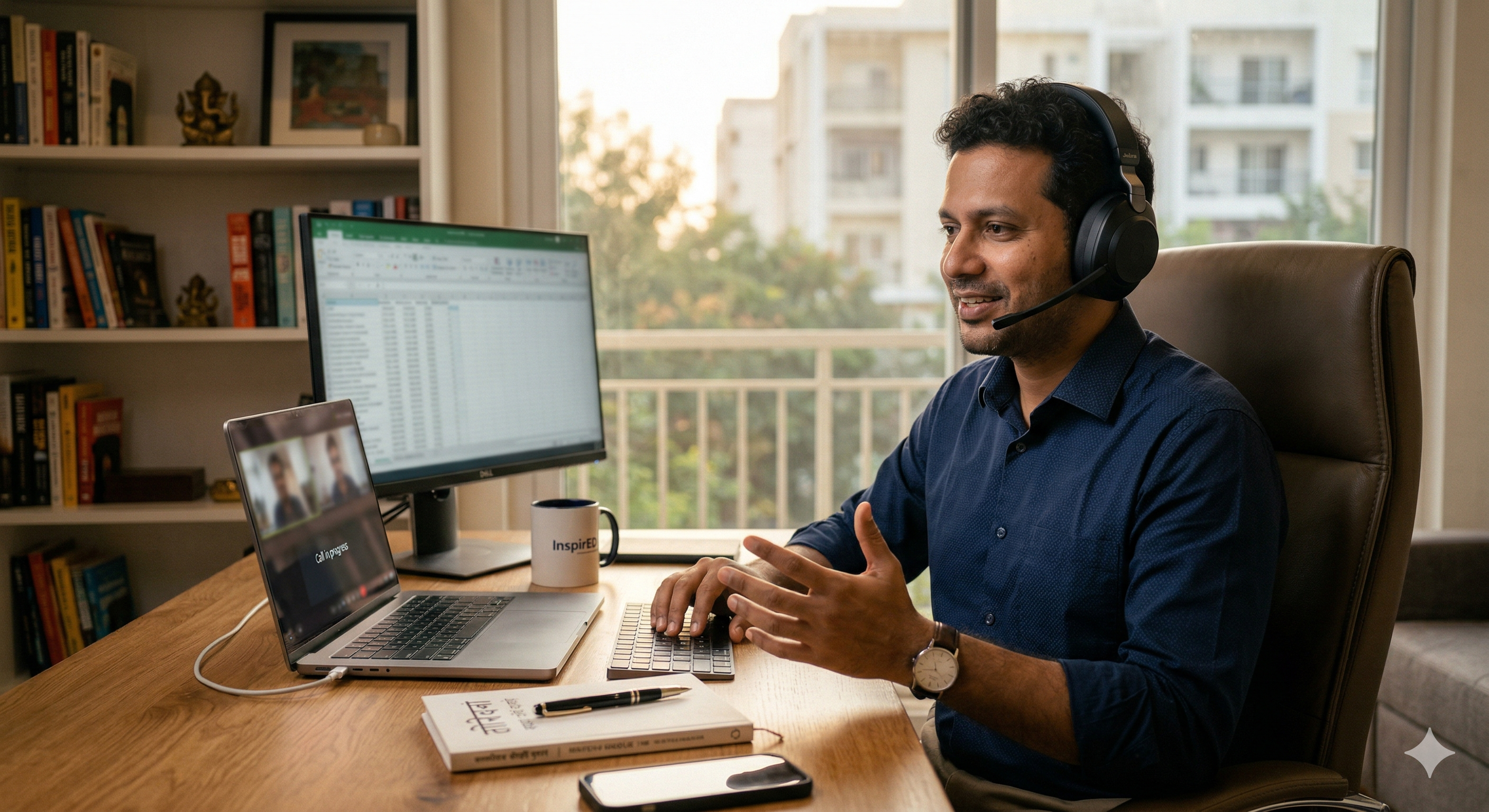 Indian freelancer making business call to US client on laptop