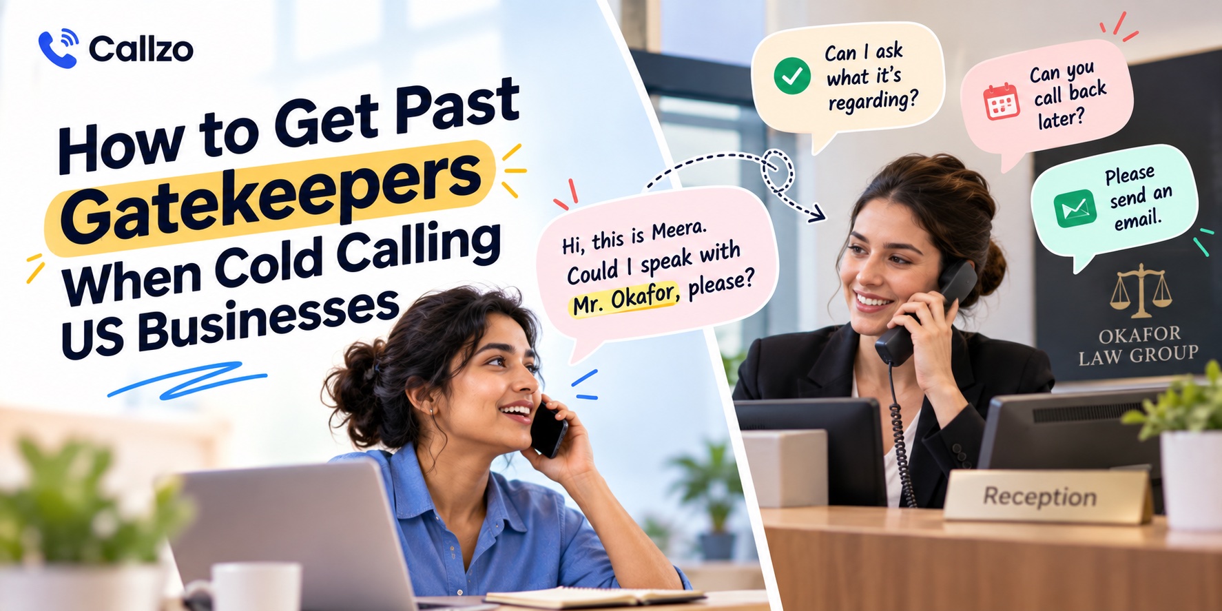 Split scene of a caller asking to speak with Mr. Okafor and a receptionist at Okafor Law Group fielding the call with speech bubbles about what it is regarding and calling back later