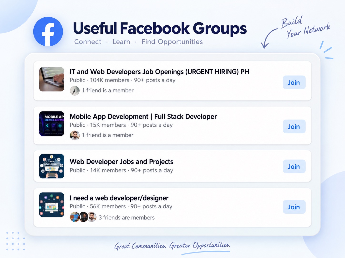 List of useful Facebook groups for web developers, app developers and freelance project requests