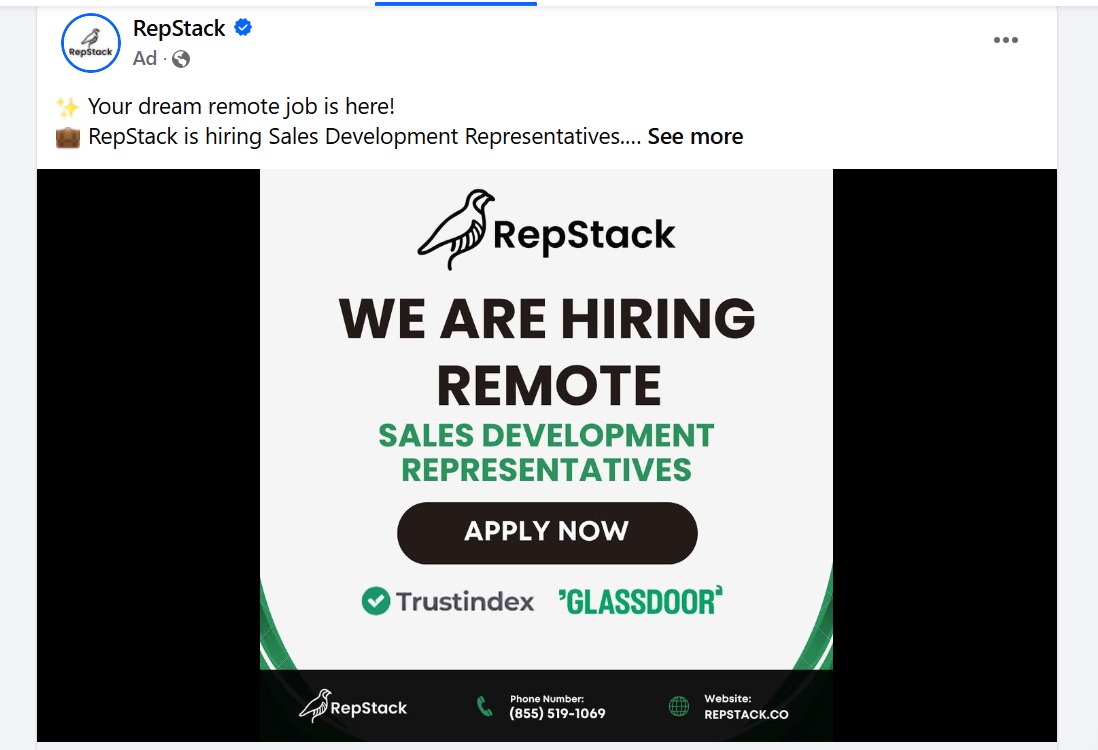 Facebook ad for a remote sales development representative role, an example of opportunities appearing in social feeds