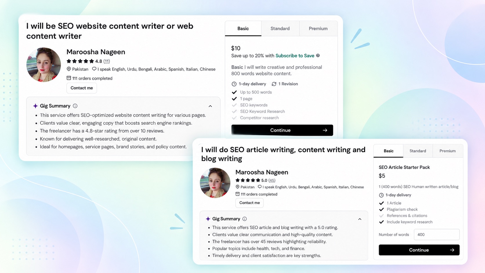 Two Fiverr Gigs for SEO website content and SEO article writing with clear packages and ratings