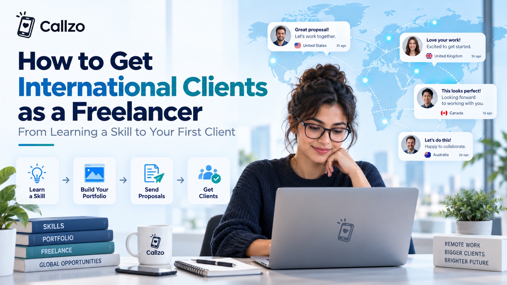 Freelancer working on a laptop with messages from US, UK, Canada and Australia clients