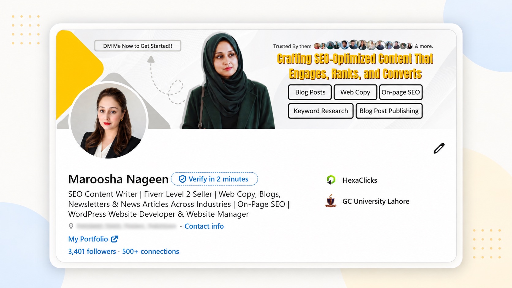 LinkedIn profile of an SEO content writer with a banner describing blog posts, web copy and on-page SEO