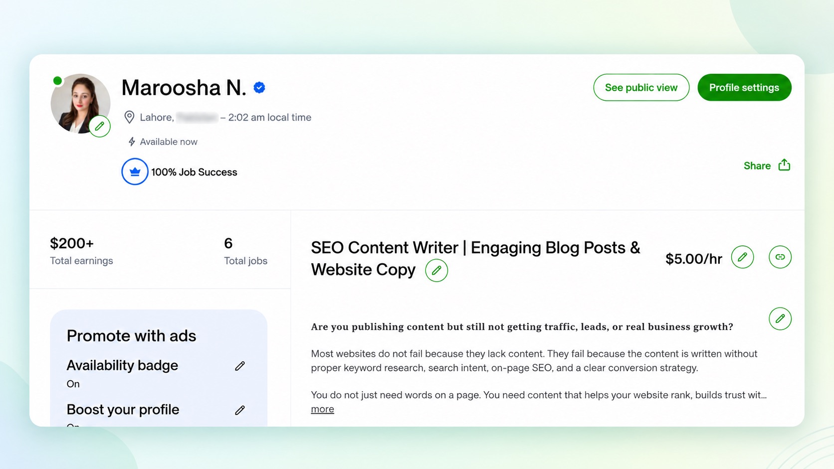 Upwork profile for an SEO content writer showing job success, earnings and a client-focused overview