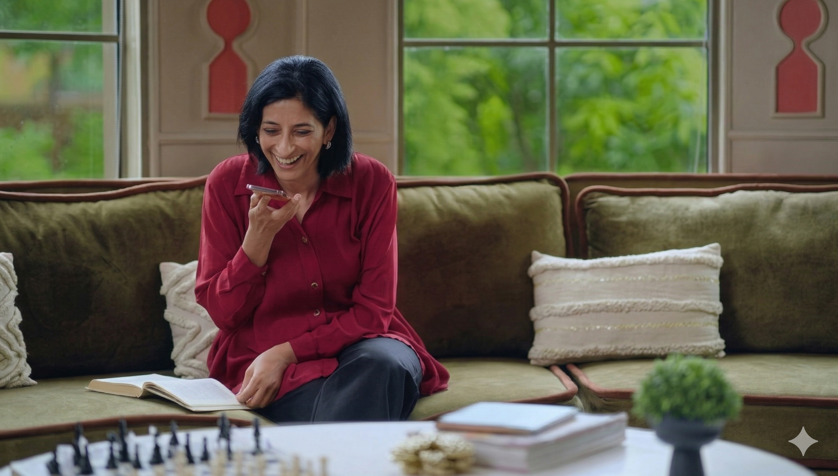 Indian parent smiling while calling family in US Canada