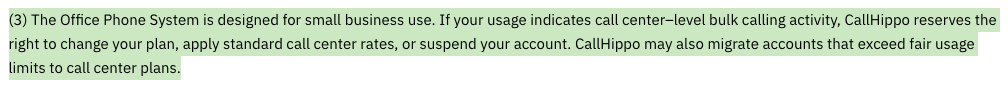 CallHippo fair usage policy clause restricting call center-level bulk calling activity