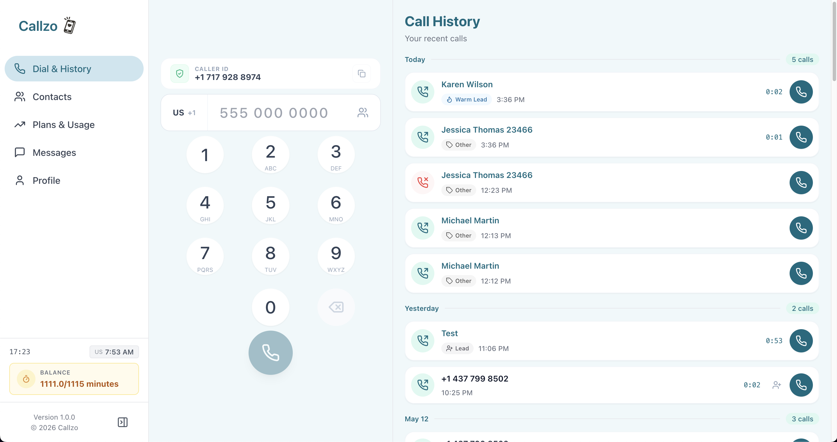Callzo call history with CRM labels