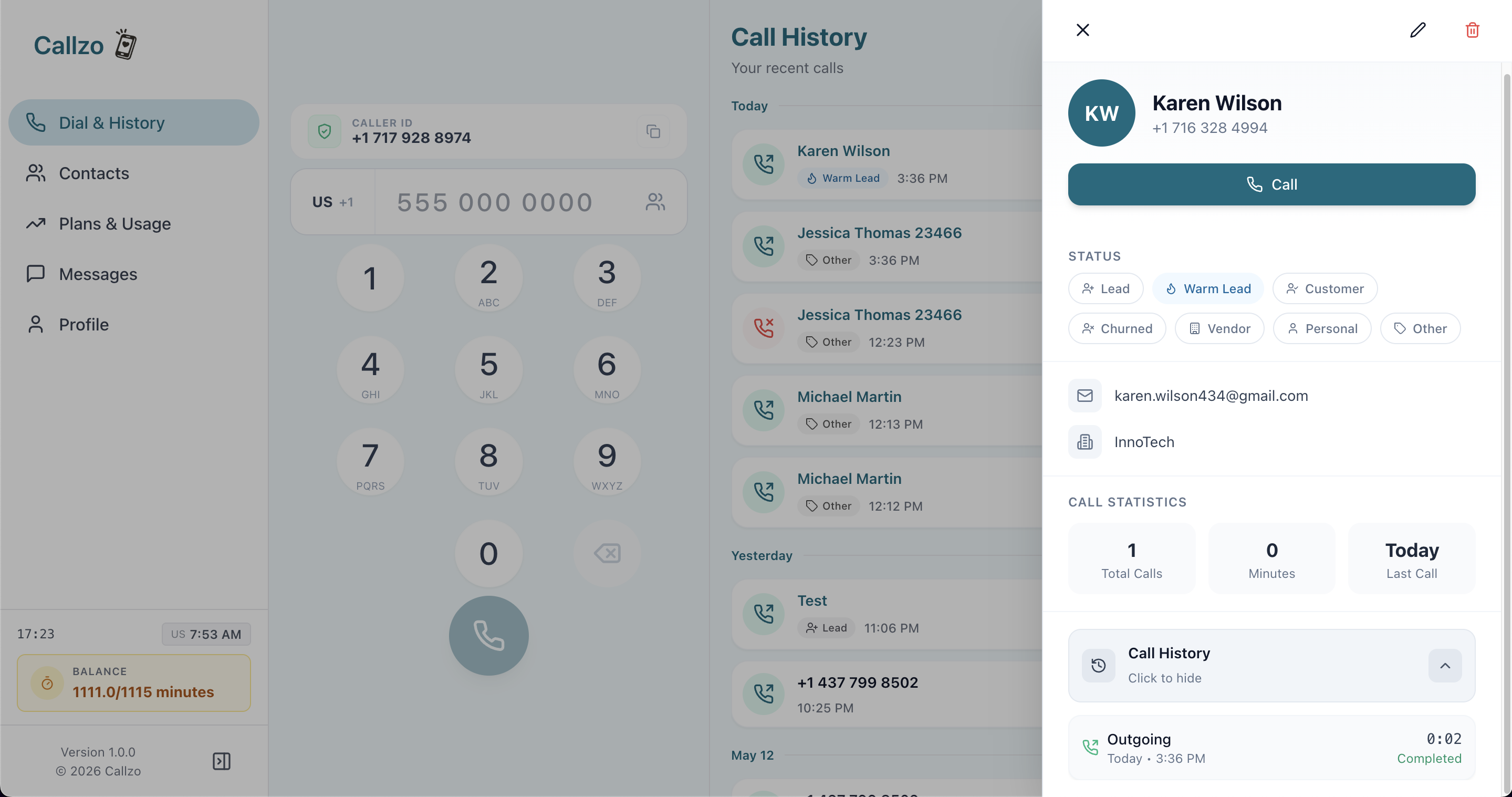 Callzo contact detail page with call history