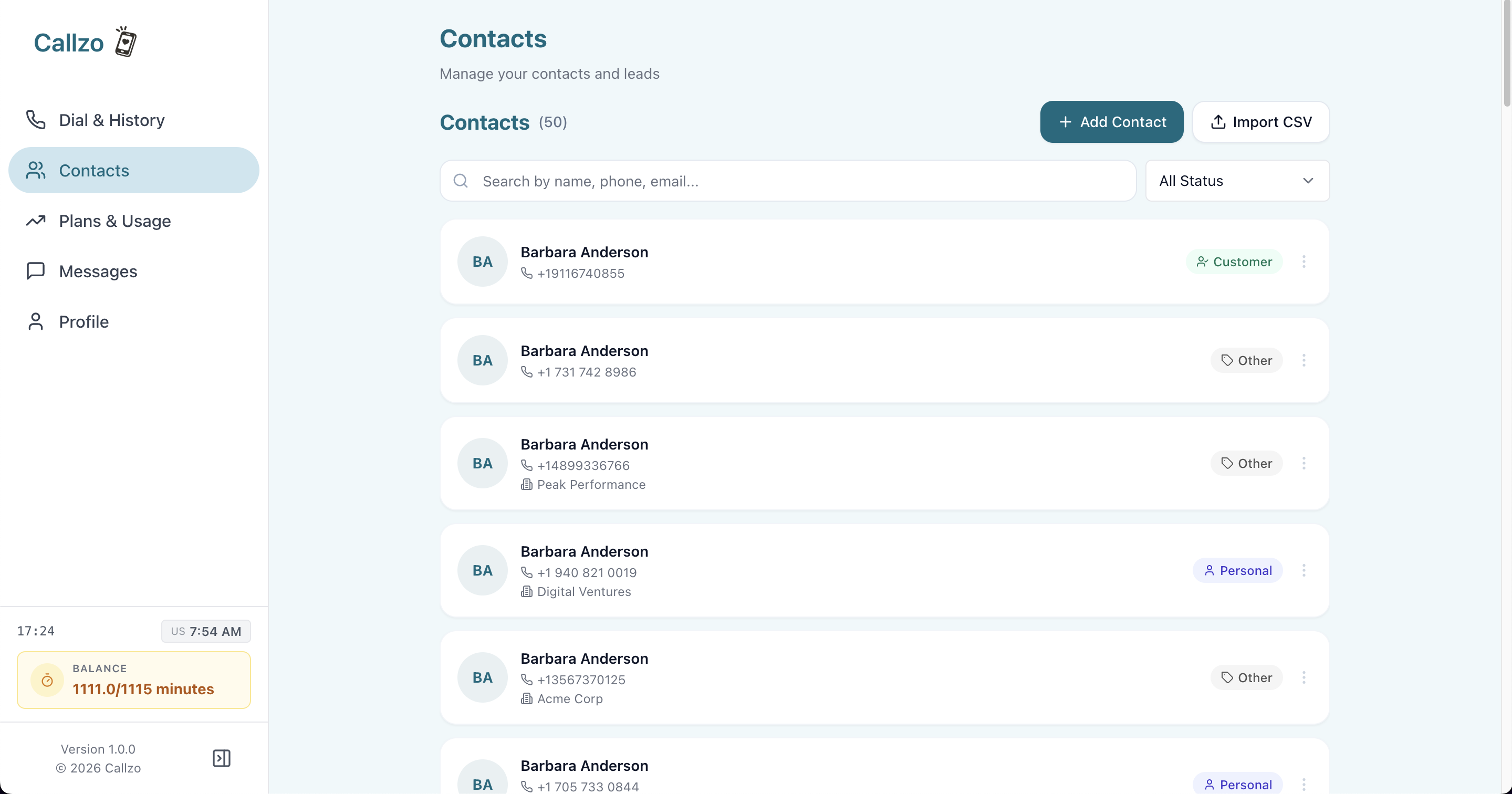 Callzo contacts list with USA number