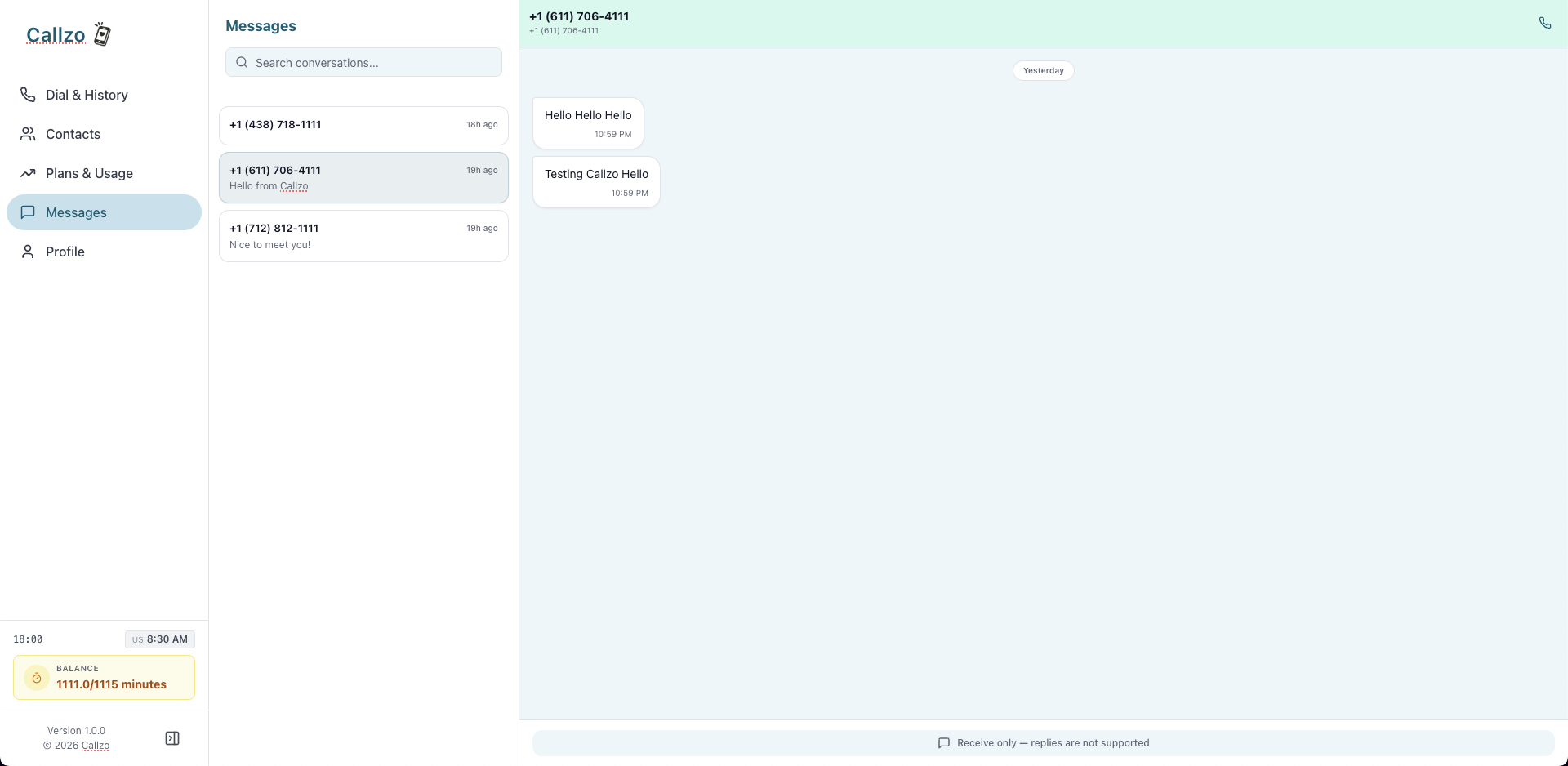 Callzo SMS inbox with inbound messages